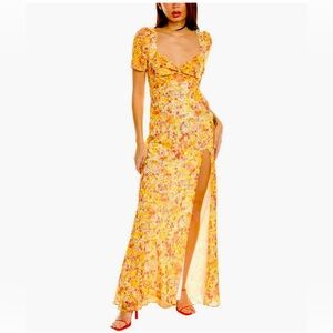 NWT STAUD Designer Lea Knot-Front Puff Shoulder Maxi Dress Yellow Floral Size 4